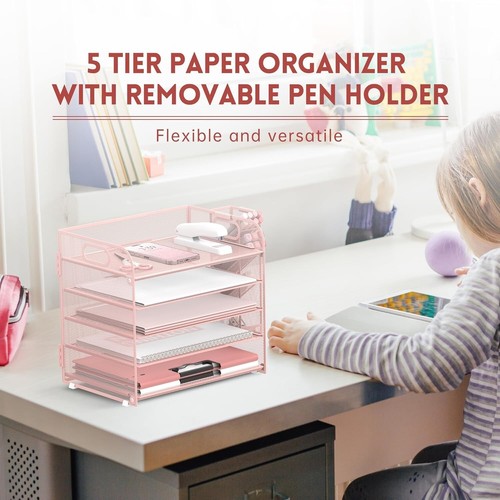 Pink 5-Tier Desk Organizer with Handles & Pen Holders - 2 Pack - Picture 4 of 8