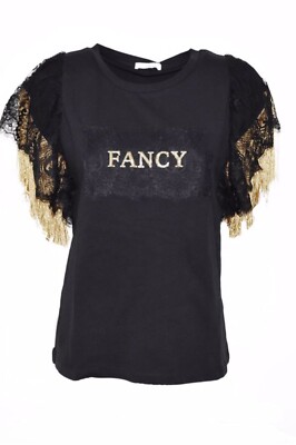 Relish T-Shirt Top Kurzarm mit Fransenspitze und Patch Mod.ZARNY Farbe Schwarz Gr.M