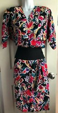 Flora Kung Vintage 1980's Silk Ruffle Abstract Shoulder Padded Dress 4 S
