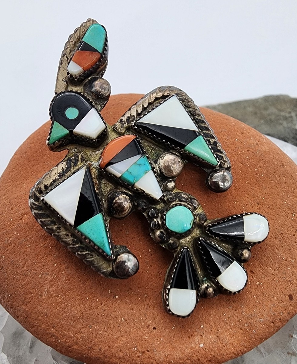 Sterling Silver .900 Zuni Thunderbird Knifewing Turquoise Pawn 