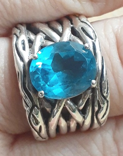 Designer EFFY Sterling Silver Blue Topaz Gemstone wide Ring size 7 signed BH 925