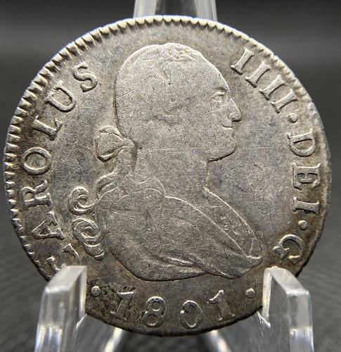 2 Reales 1801 S CN Charles IIII Spain Silver Pirate Coin Very Fine Condition