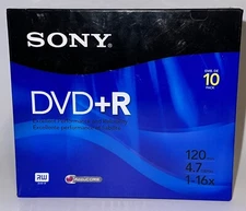 Sony DVD + R 10 Pack Recordable Discs 120 min 4.7 GB Blank New Sealed