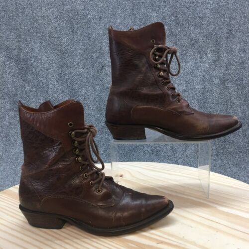 Nine West Combat Boots Womens 6.5 M Brown Leather Lace Up Heeled Pointed Toe
