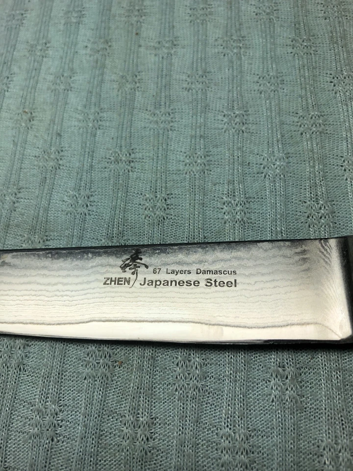 Cuchillo recortador japonés de acero Damasco ZHEN VG-10 67 capas mango madera de pakka EC b Foto 3 de 3