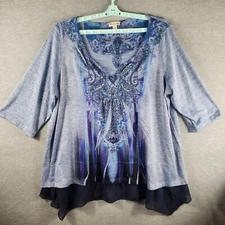 World Unity Woman Knit Pullover Sheer Hem Embellishments Top 3X Light Blue Relax