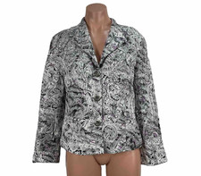 CHICO'S Floral Button Blazer JACKET SILVER METALLIC RAYON SILK SZ 1 Beaded