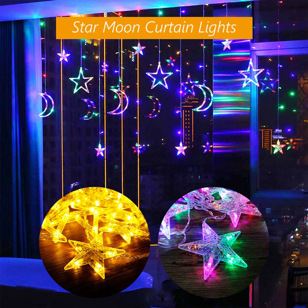 LED Star Moon Shaped Curtain String Lights IP44 Waterproof Fairy