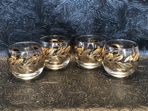 4 Vintage MCM FEDERAL GLASS Black/Gold Roly Poly Laurel Leaf Barware Glasses