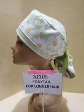 Daisies Mint Women's Ponytail Surgical Scrub Hat/Cap Handmade