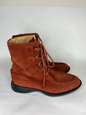 Tods Lace Up Ankle Boots Women Size 36.5 US 6.5 Orange Suede Leather Comfort 