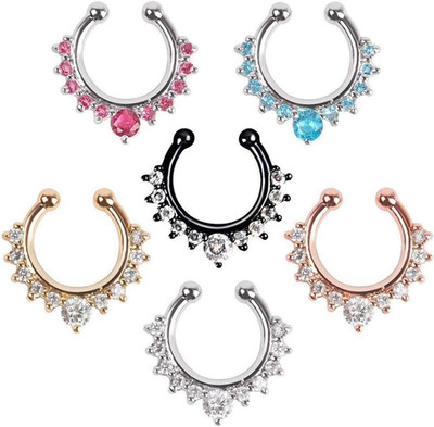 XUKEKOY 6Pcs Fake Septum Clicker Nose Ring Rhinestone Non Piercing Hanger Clip