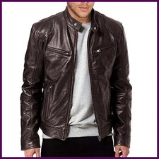 Men' s Retro Leather Jacket Stand Collar Biker Jacket Slim fit Multi-Pocket Coat