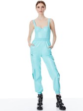 NWT Alice + Olivia Blue Frida Faux Leather Bustier Cargo Jumpsuit 0