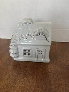 Vintage White Ceramic Tea candle holder House with Gold Trim 4" tall Christmas