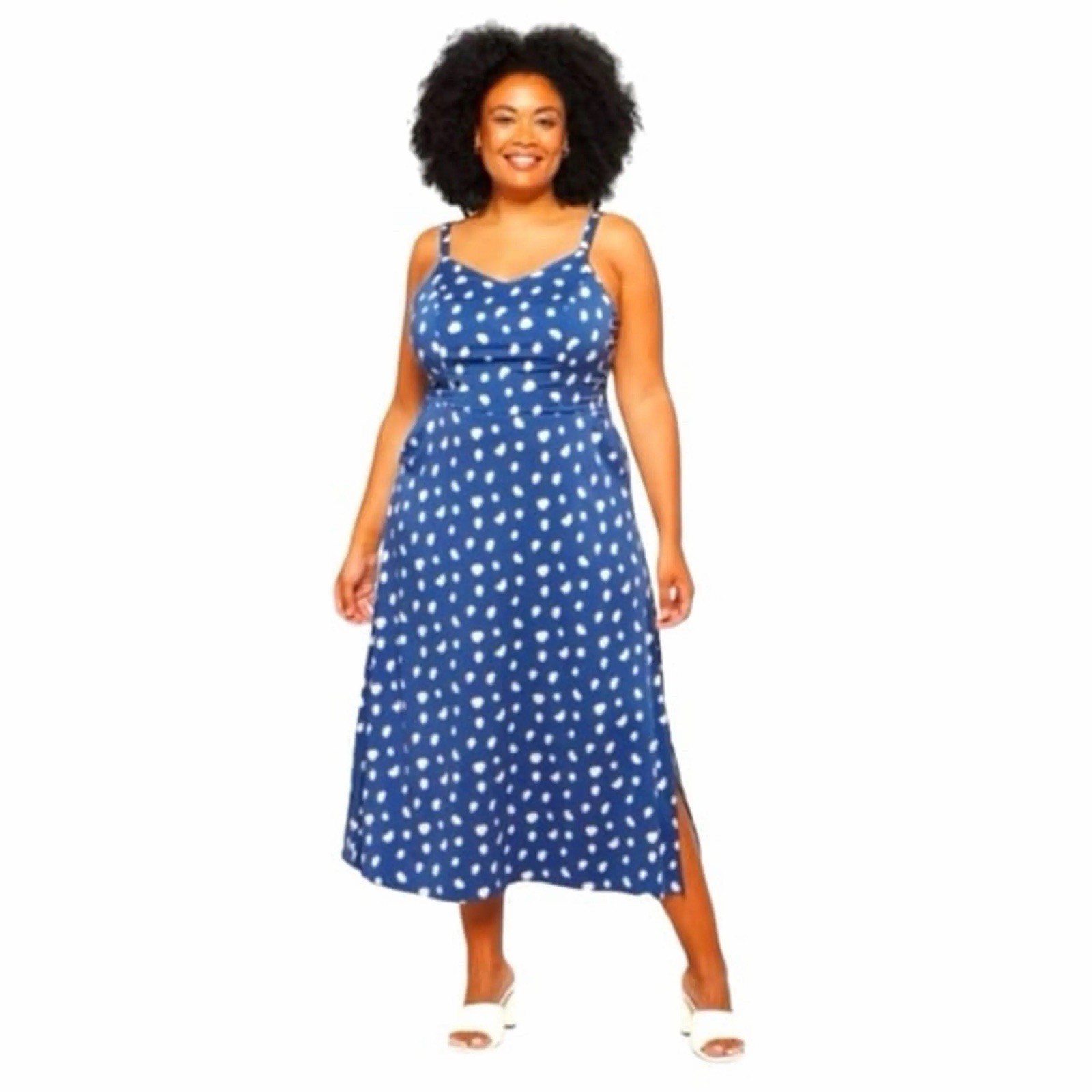 41 Hawthorn Stitch Fix Beatriz Maxi Dress Blue Polka Dot Side Slit 1X