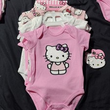 Hello Kitty Newborn Cotton Pink White Cartoon 3 Piece Bodysuit Set Snap
