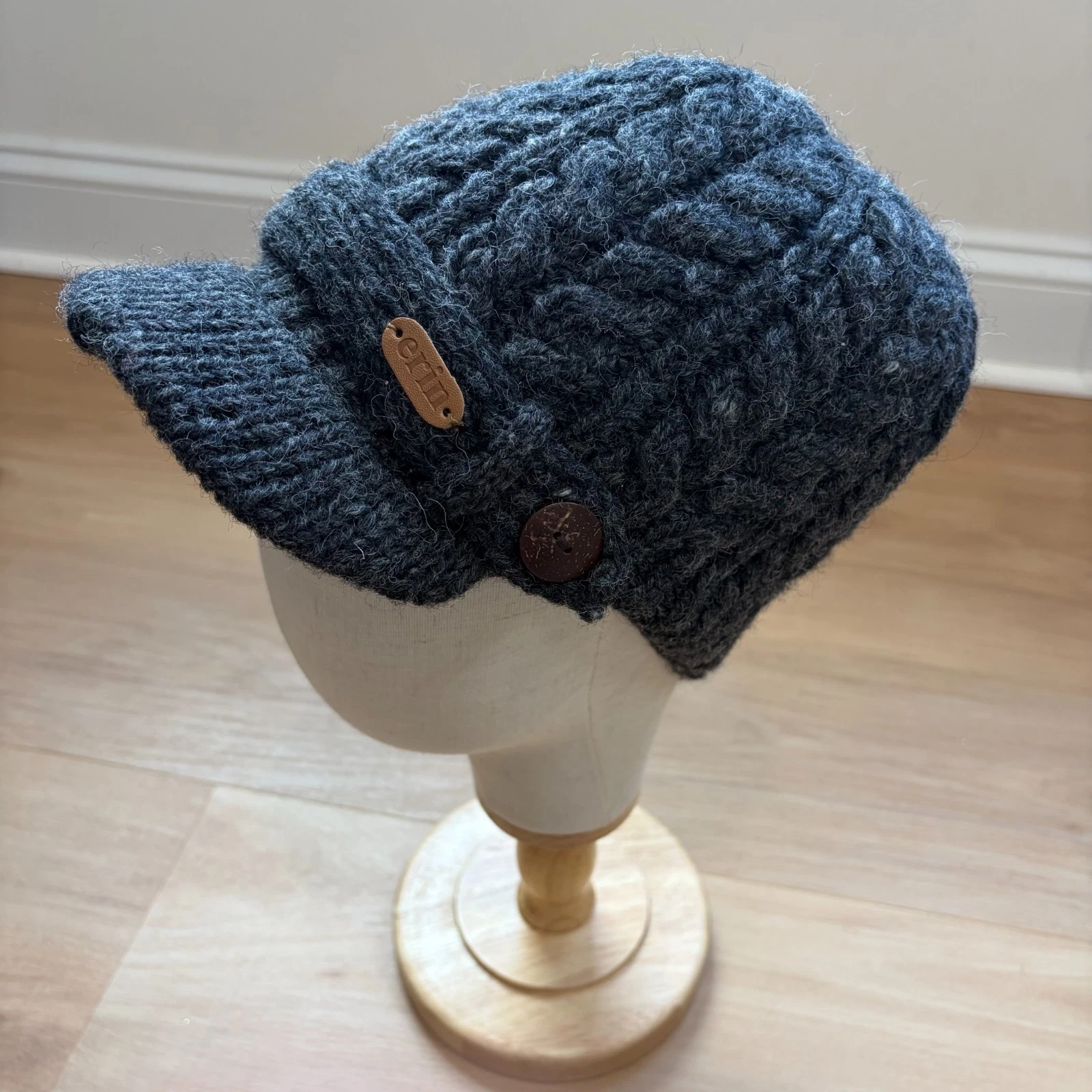Erin Knitwear Ireland Cable Knit Peak Fleece Lined Beanie Hat Dark Grey