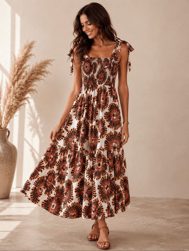 Omika Lana Maxi Dress Large Camille Fig Floral Ivory Brown Smocked Anthropologie