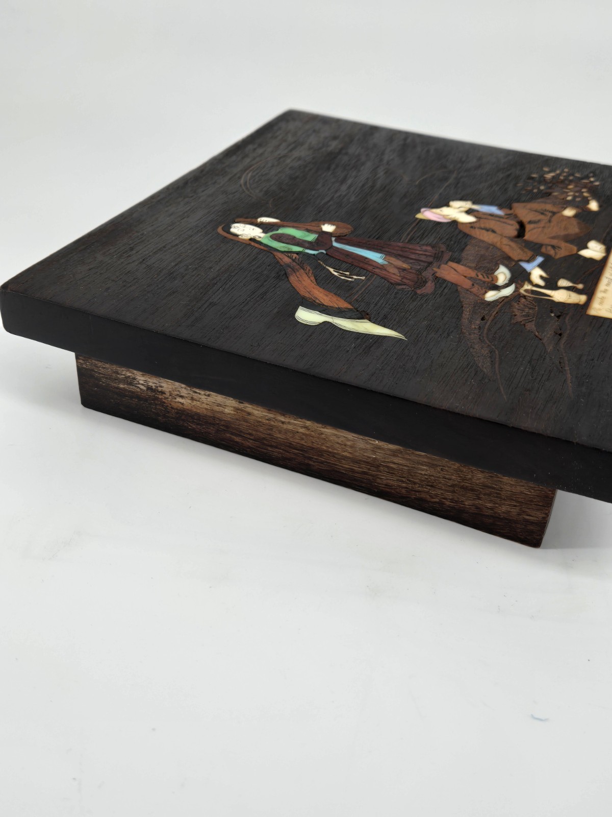 Antique Persian Inlaid Marquetry Folk Art Poetry Wooden Tray Table Footed Panel 