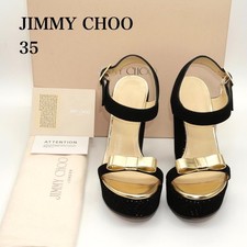 JIMMY CHOO ribbon Wedge Sole Sandals Mules Pumps Shoes Women Size 35 black gold