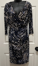 New Lauren Ralph Lauren Dress Womens 6 Faux Wrap Ruched Sheath Geometric Print