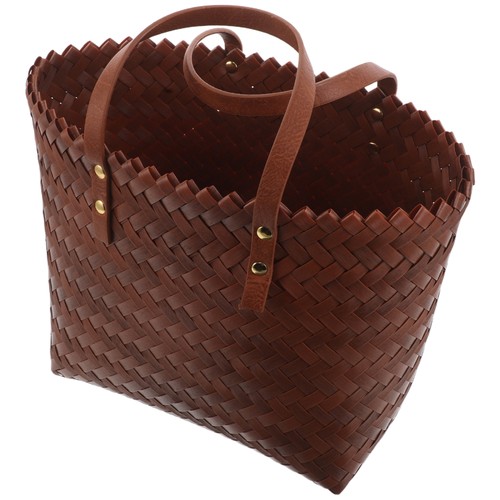 Handgewebte Strandtasche: Braun Kunststoff Rattan Gewebte Tragetasche mit PU - Bild 10 von 12