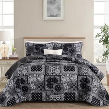 Boho Patchwork Quilt Set Size,Bedspread,Paisley Floral Bedding King Black Grey