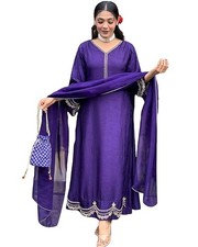 Women's Rayon Viscose Anarkali Embroidered Kurta with Pant Dupatta