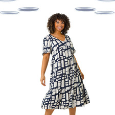 Ex Roman Women's Midi Dress - Plus Size Colourblock Printed Tiered  Navy(Defect)