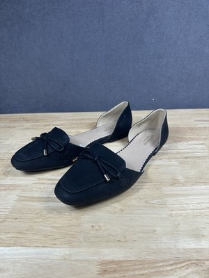 Isaac Mizrahi New York Black D'Orsay Size 9 Faux Suede Ballet Flats Bow Preppy