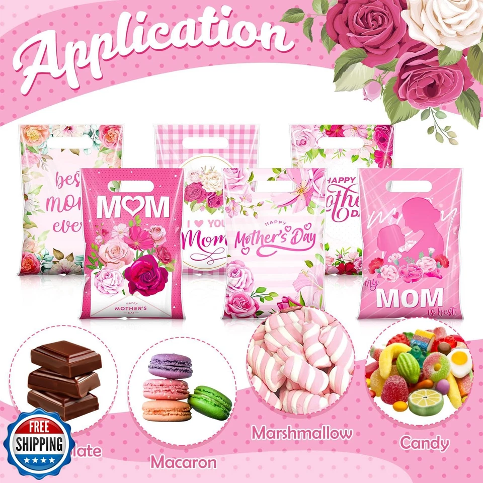 Teenyyou 60 Pcs Mother's Day Gift Bags with Handles Small Pink Flower Plastic - Image 4 of 4