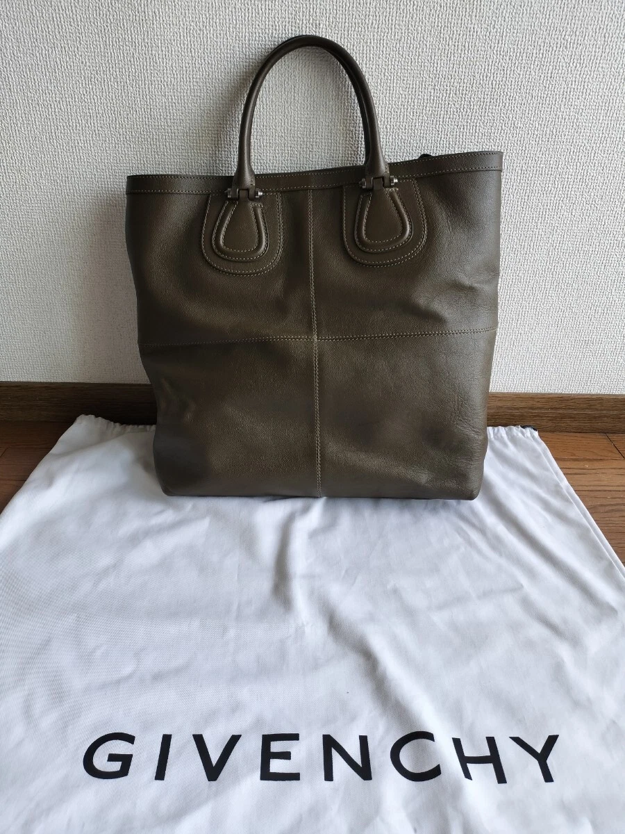 Givenchy — Givenchy Nightingale Leather Handbag Tote Bag Olive Brown Embossed Logo Auth