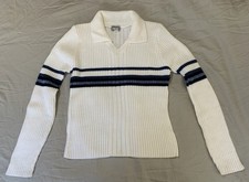 Vtg 90s Y2K RAVE Striped Collared V Neck Ribbed Knit Sweater Sz M