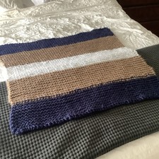 Handmade Knitted Striped Bed Throw Chunky Knit Blue Tan White Decorative Blanket