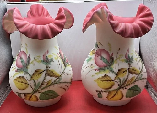 Pair Of Vintage Large Fenton For L G Wright Peachblow Satin Moss Rose Vases