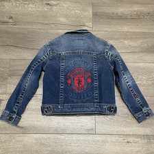 True Religion Manchester United Kids Denim Jean Jacket Embroidered Blue Red Sz 4