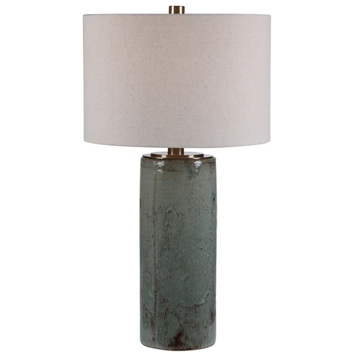 Rustic Elegant Turquoise Aqua Ceramic Table Lamp Crackled Bronze Beige Cylinder - Picture 1 of 6