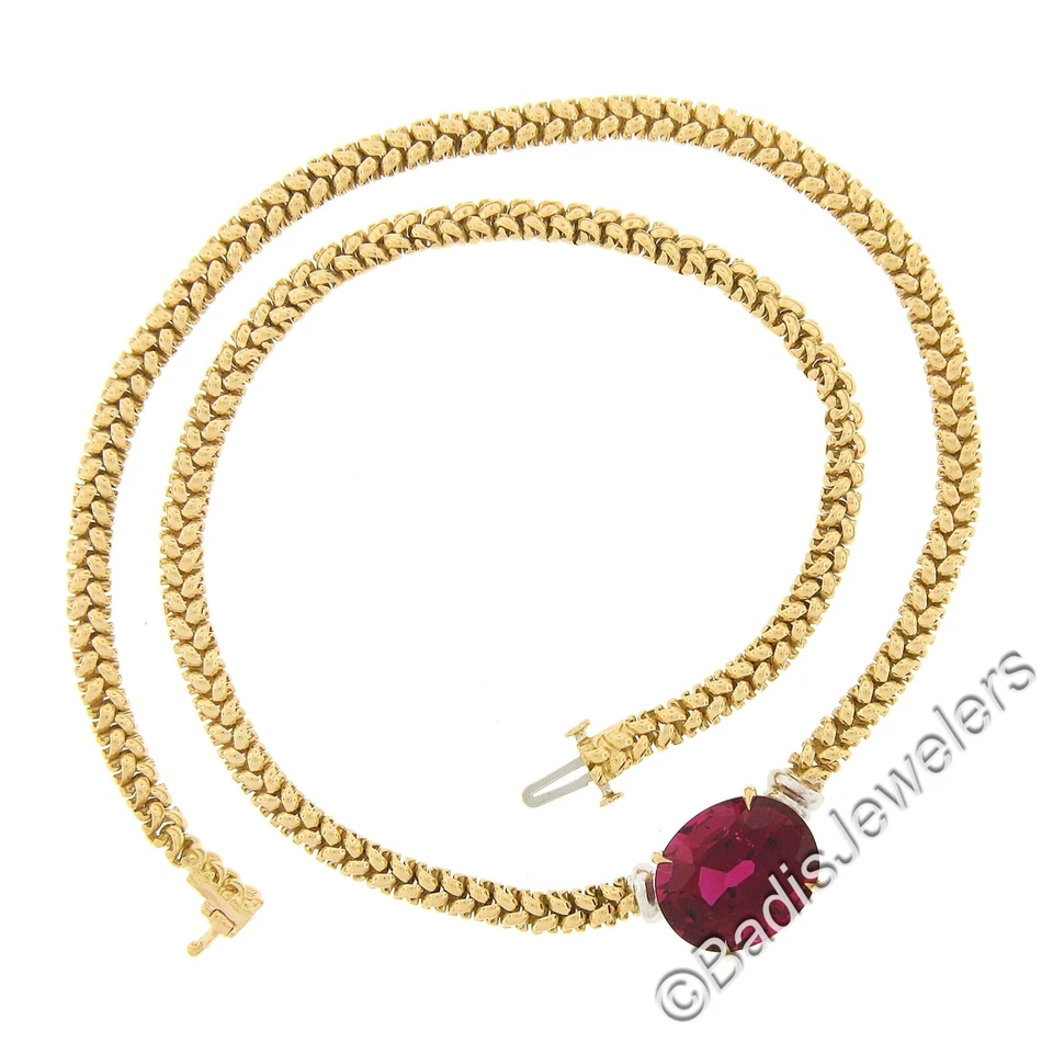 18K Two Tone Gold 12.82ct GIA Large Oval Red Rubellite Tourmaline 16" Necklace - Image 3 of 4