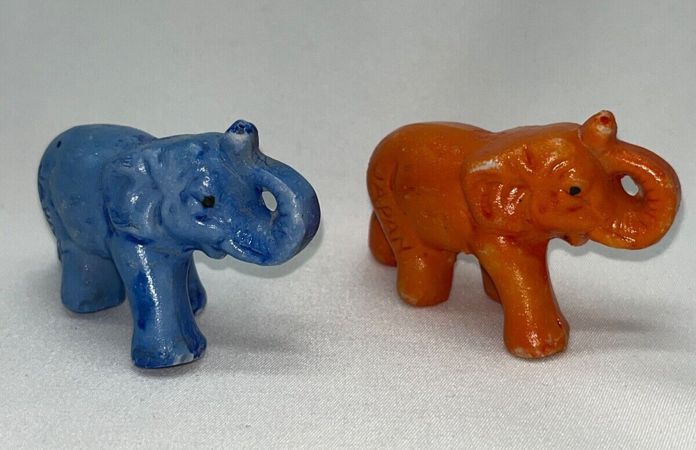 Porcelain Elephants With Upturned Trunks Orange Blue Vintage Marked Japan