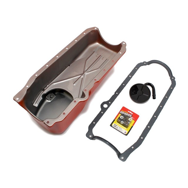 198602 SBC Chevy Orange Oil Pan 305 350 1 PC Main / STD. Pickup Studs