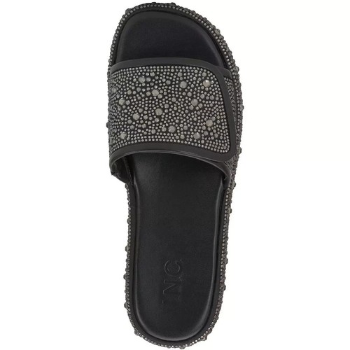 INC Women's Faux Leather Slip On Self Closure Slide Sandals Shoes Black Bling 10