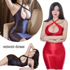 Women's Sexy Shiny Hollow Bodycon Dress See Through Silky Bandage Cocktail Dress