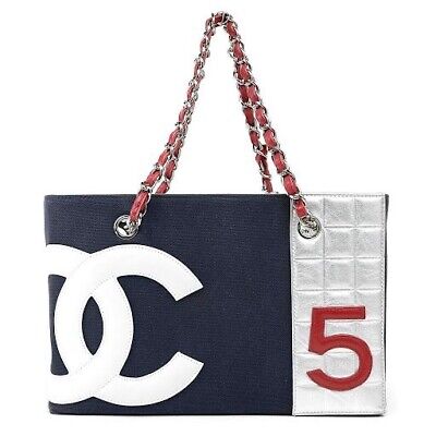 CHANEL No 5 Shopper Tote Bag Canvas CC Logo Mania Quilted Large Navy Silver  Red | eBay