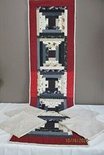 Handmade Quilted Patriotic Table Runner Patchwork 56" x 15 1/2"  four napkins