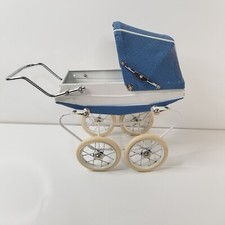 Mid Century French Doucet Doll Carriage Pram Buggy 12” L Blue White France
