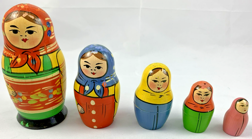 Matroschka Matrjoschka Babuschka 5-teilig Handarbeit Holz USSR 70er 14 bis 5 cm