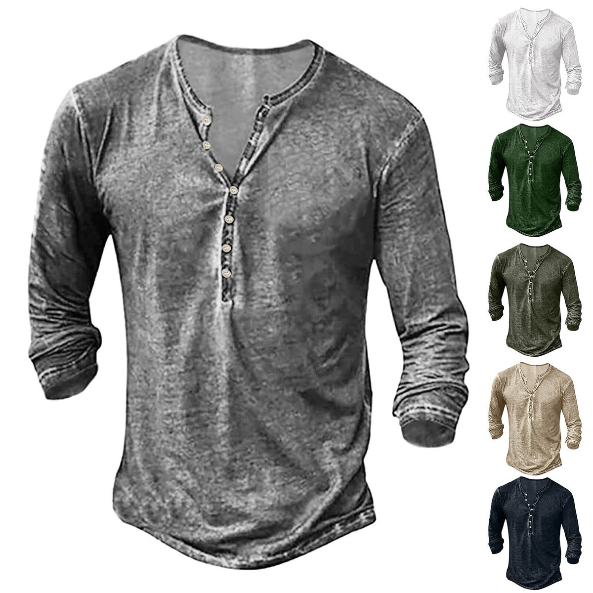Mens Casual Long Sleeve Cotton Loose Blouse Henley V-Neck Button 