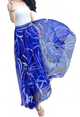 Afibi Women's Floral Maxi Skirt - Chiffon, High Waisted, Beach Summer Skirt In White Blue, XX-Large - View #9