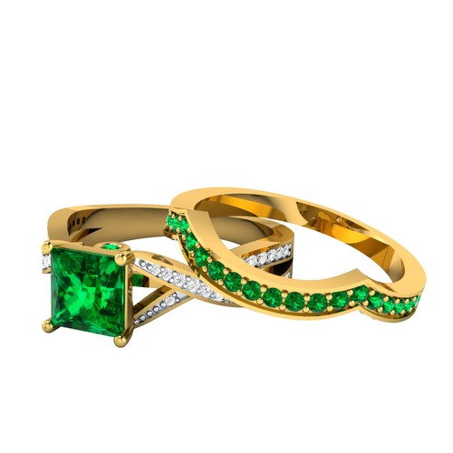 1.85 Ct Simulated Green Emerald Wedding Ring Bridal Set 14K Yellow Gold Plated - Picture 3 of 5